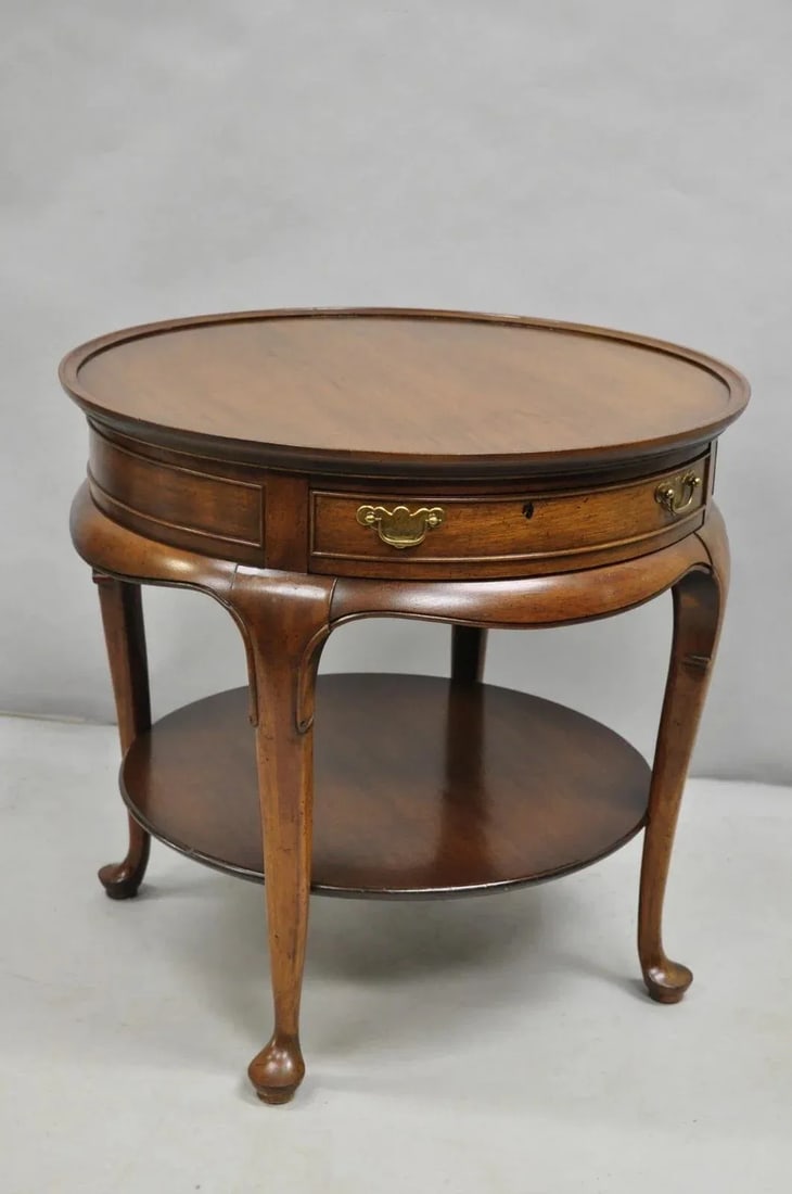 Vintage English Queen Anne Style Round Walnut Wood Lamp Side Table by Hekman - 2