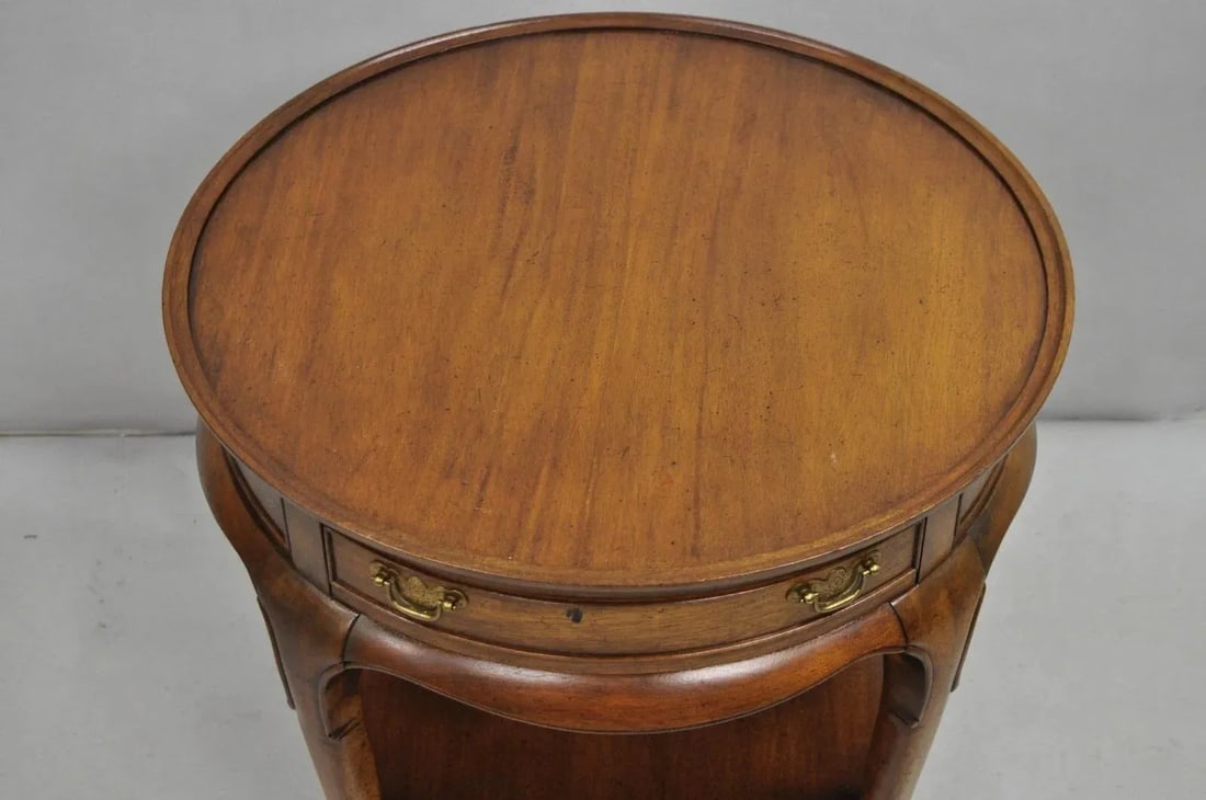 Vintage English Queen Anne Style Round Walnut Wood Lamp Side Table by Hekman - 6