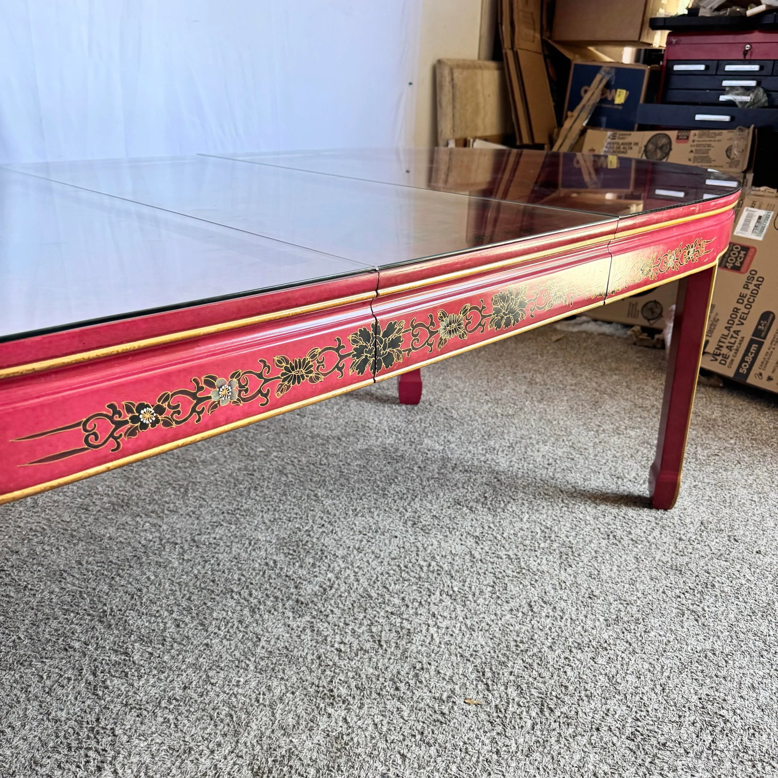 Chinese Red and Gold Lacquered Hand Painted Extendable Dining Table With Glass Top - 11