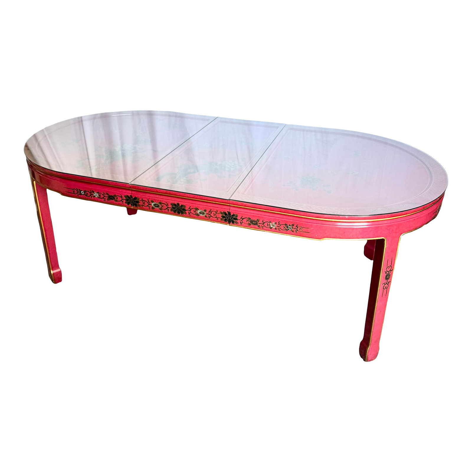 Chinese Red and Gold Lacquered Hand Painted Extendable Dining Table With Glass Top (1 of 12)