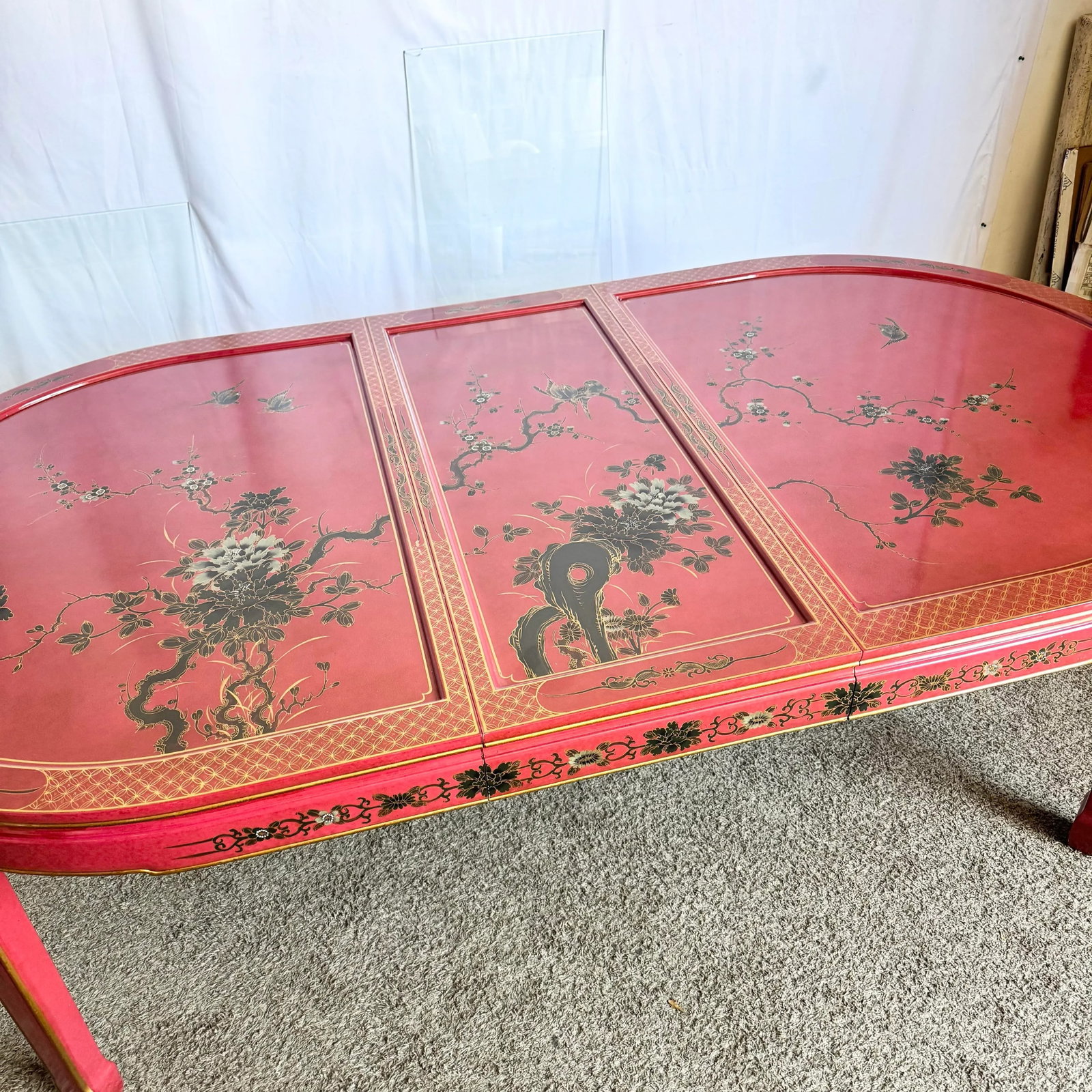 Chinese Red and Gold Lacquered Hand Painted Extendable Dining Table With Glass Top - 3