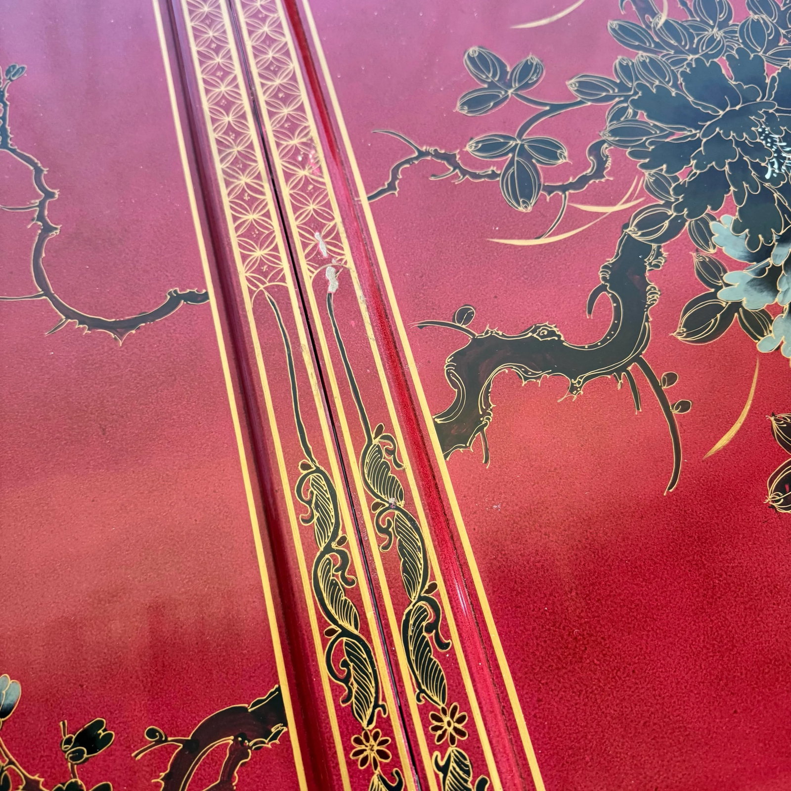 Chinese Red and Gold Lacquered Hand Painted Extendable Dining Table With Glass Top - 8
