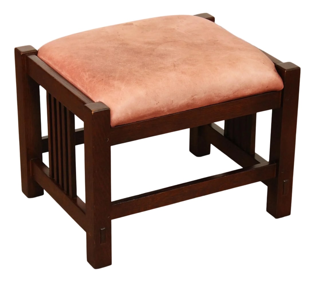 Stickley Mission Collection Oak and Leather Footstool: High Quality American Made Oak Spindle Frame and Leather Ottoman Stool Condition: Alterations: Original Condition Unaltered Imperfections: Some Imperfections Condition Notes: Clean vintage condition. 