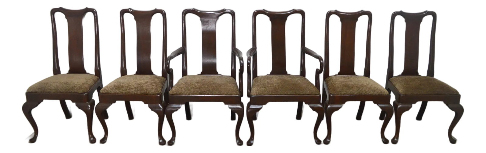 Henkel Harris Mahogany Dining Chairs Set of 6: Set of 6 dining chairs by Henkel Harris. Store item #495. They feature queen anne legs and been reupholstered. Measurements: Arm chair: 41"H x 25"W x 23"D. Side chair: 41'H x 22"W x 22"D. Labeled.
