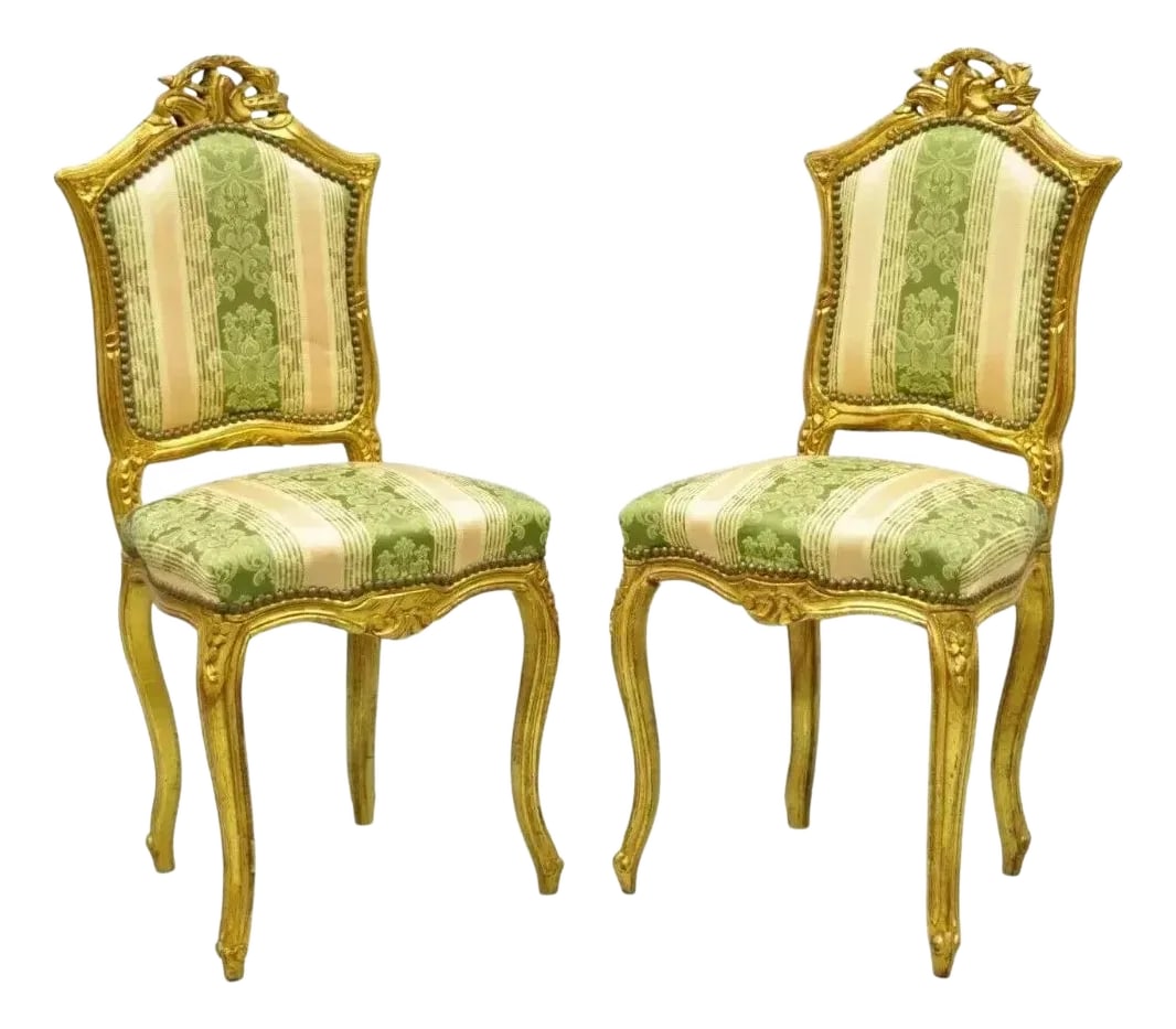Late 20th Century Vintage French Louis XV Style Gold Giltwood Carved Boudoir Side Chairs - A Pair: Vintage French Louis XV Style Gold Giltwood Carved Boudoir Side Chairs - a Pair. Item features a gold gilt finish, solid wood frames, nicely carved details, cabriole legs, great style and form. Nice
