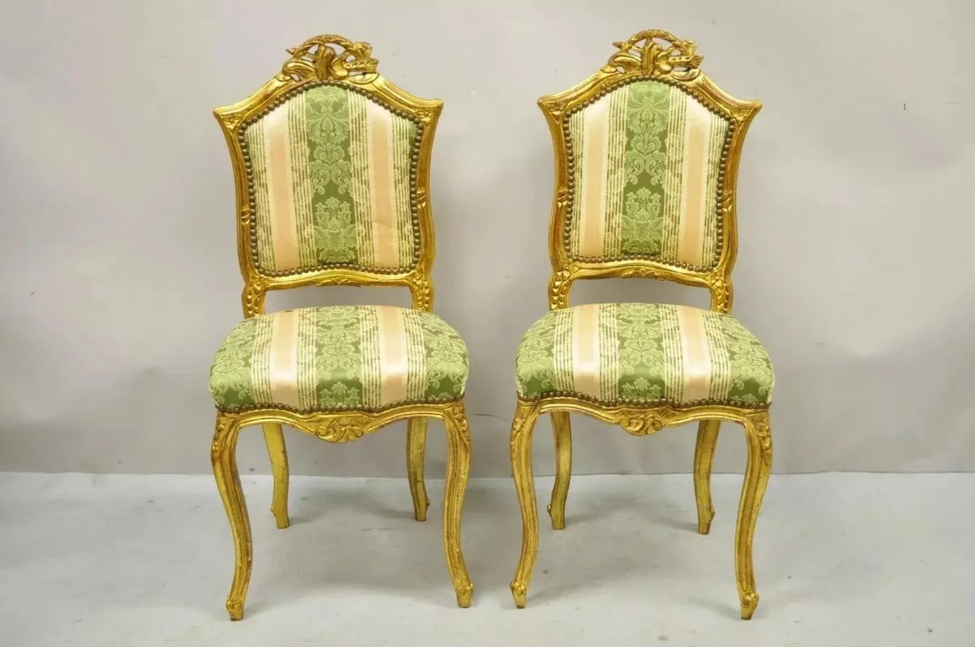 Late 20th Century Vintage French Louis XV Style Gold Giltwood Carved Boudoir Side Chairs - A Pair - 2