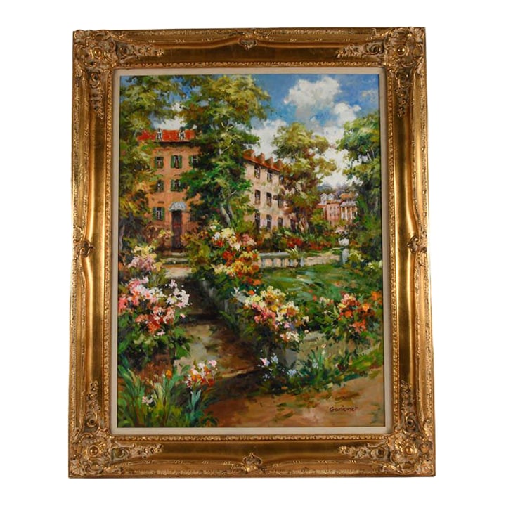 Early 20th Century Framed Signed Ganionet Garden Promenade Oil on Canvas: Bursting with color and vitality, Ganionet's Garden Promenade transports the viewer into a lush, sunlit garden where blossoms spill over pathways leading toward stately villas beyond. The artist's