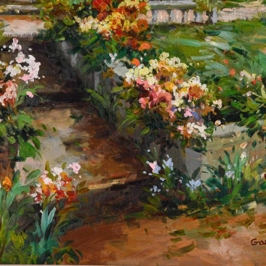 Early 20th Century Framed Signed Ganionet Garden Promenade Oil on Canvas - 4