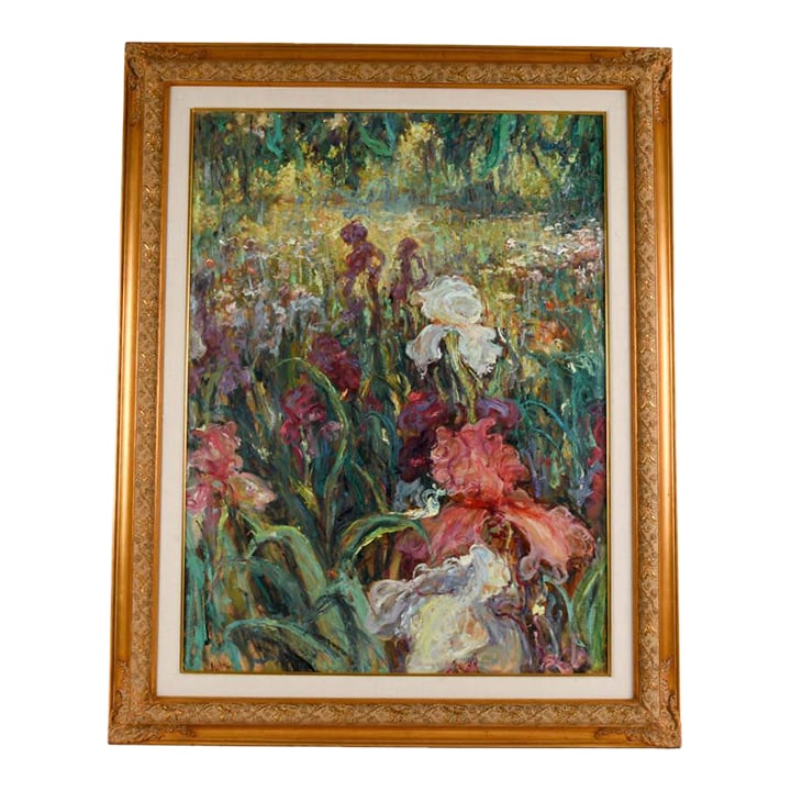 Late 20th Century Framed Signed Haibin Iris Fantasy Oil on Canvas: Bursting with texture and vibrant color, Iris Fantasy is a framed and signed oil on canvas that captures the untamed beauty of a lush wildflower meadow. Tall irises in rich shades of violet, crimson,