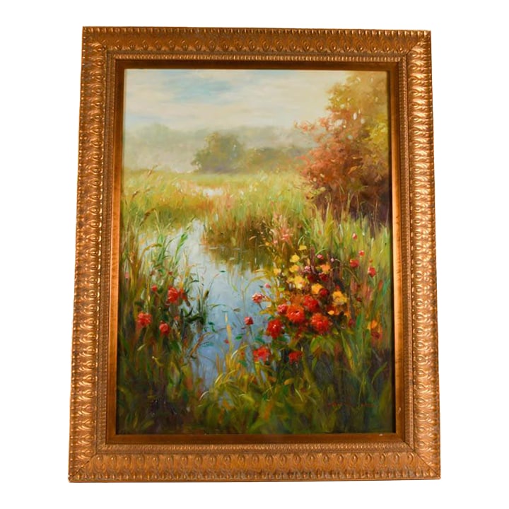Late 20th Century Framed Signed Vera Oxley Floral Estuary Oil on Canvas: Vera Oxley's Floral Estuary invites the viewer into a serene, painterly vision of nature where vibrant blooms meet reflective waters. Lush grasses and wildflowers in crimson, gold, and violet frame a
