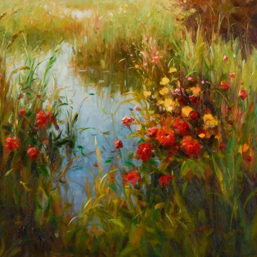 Late 20th Century Framed Signed Vera Oxley Floral Estuary Oil on Canvas - 2