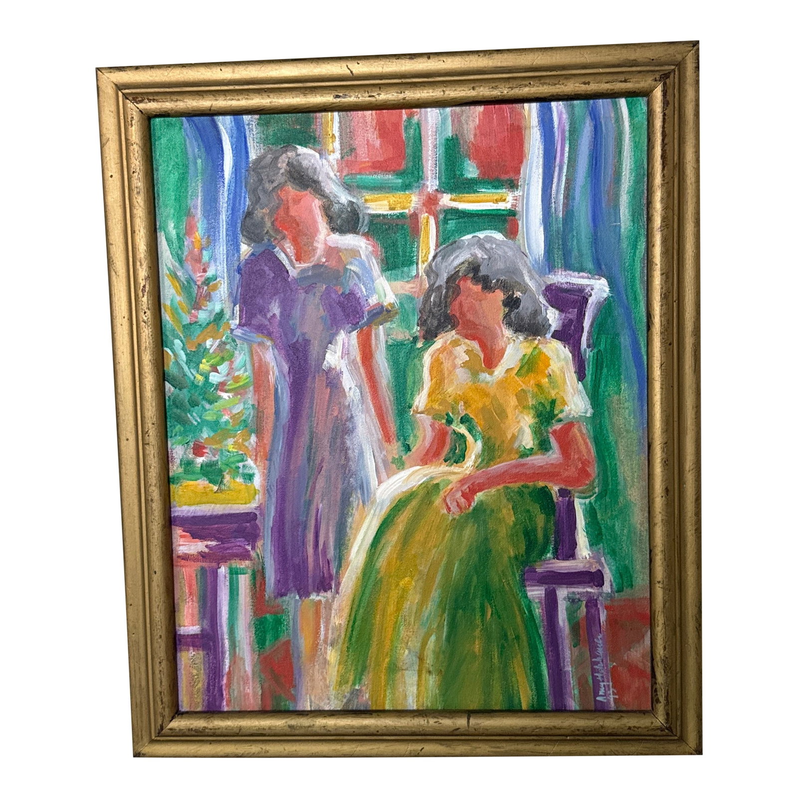 1970s Vintage Colorful Figurative Painting on Canvas Signed Holy ~ Framed: Elevate your space with this vintage modernist painting, beautifully rendered in bold, expressive brushstrokes and vibrant color. Featuring two women in a richly stylized interior, this captivating wo