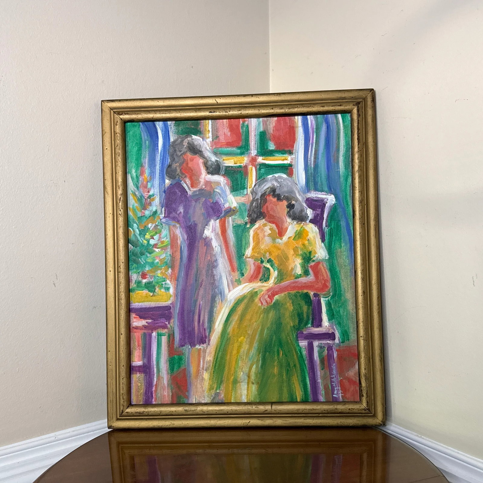 1970s Vintage Colorful Figurative Painting on Canvas Signed Holy ~ Framed - 2
