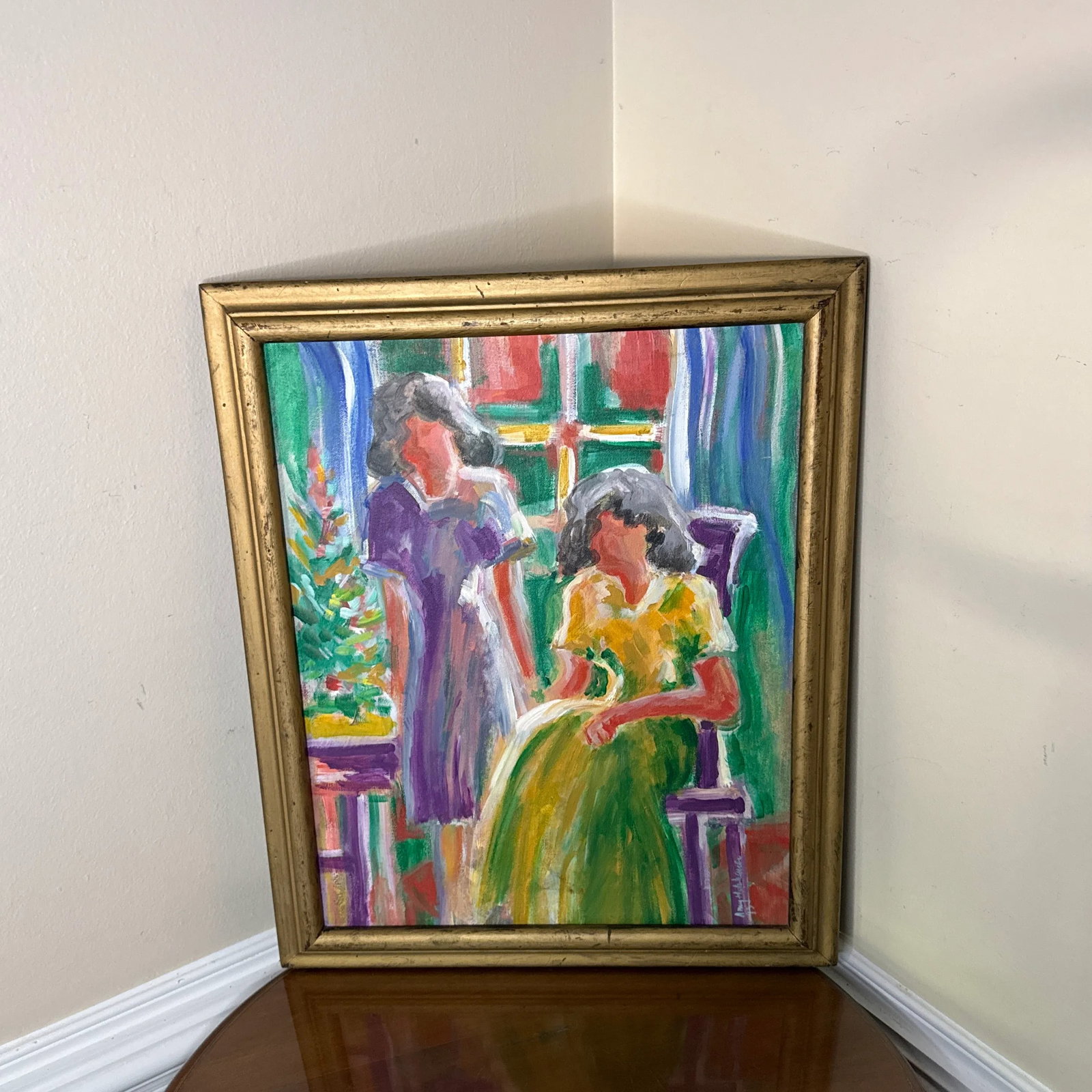 1970s Vintage Colorful Figurative Painting on Canvas Signed Holy ~ Framed - 3