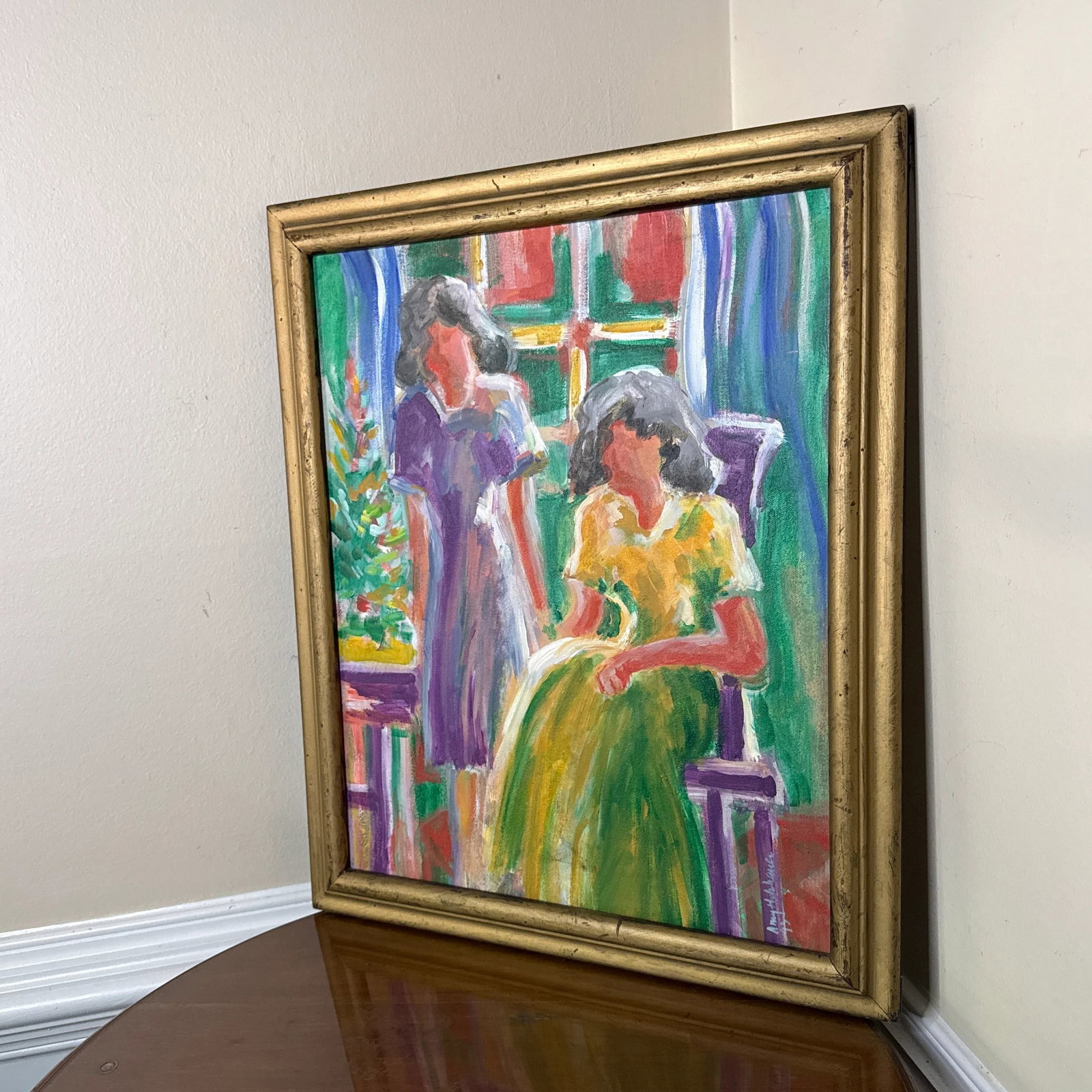 1970s Vintage Colorful Figurative Painting on Canvas Signed Holy ~ Framed - 4