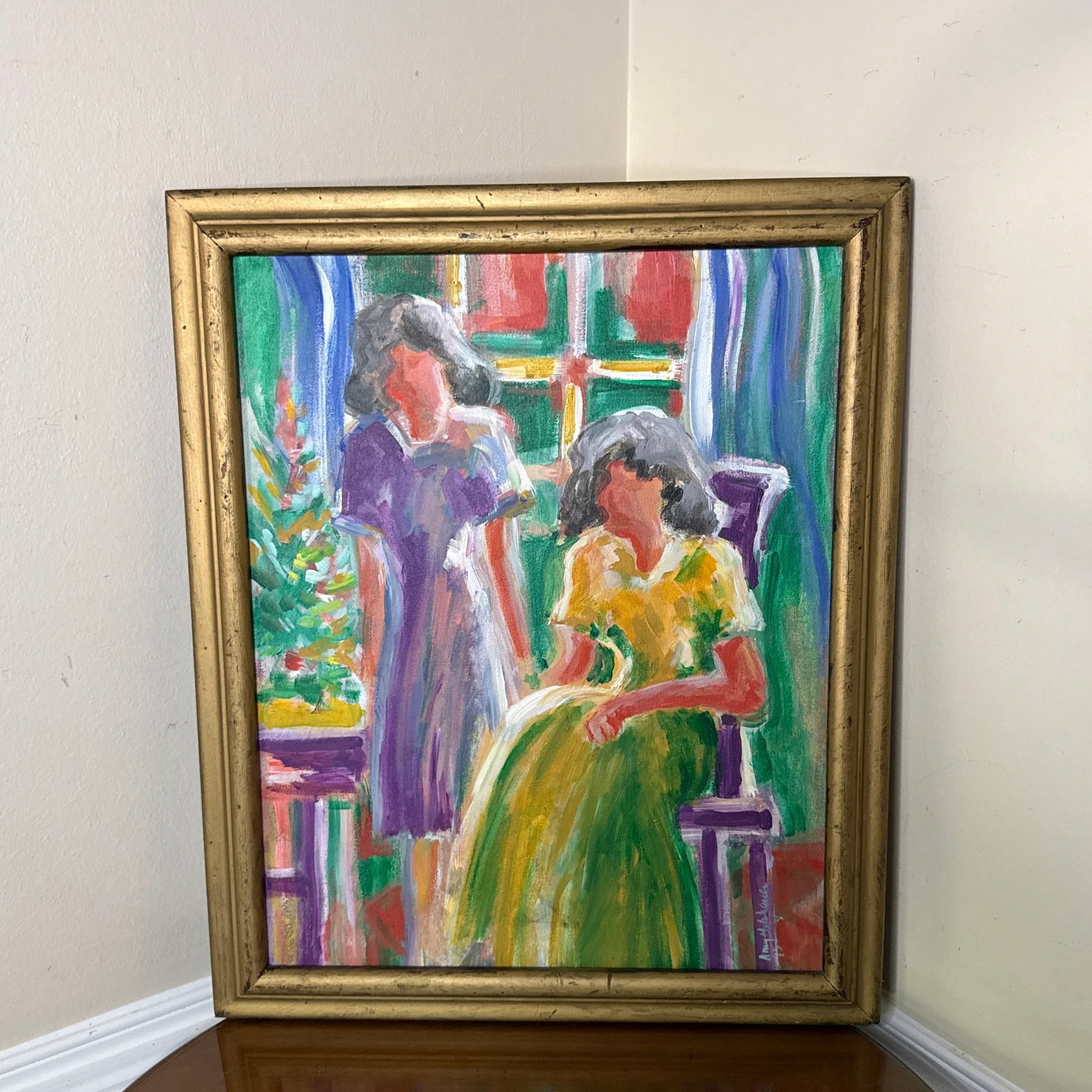 1970s Vintage Colorful Figurative Painting on Canvas Signed Holy ~ Framed - 6