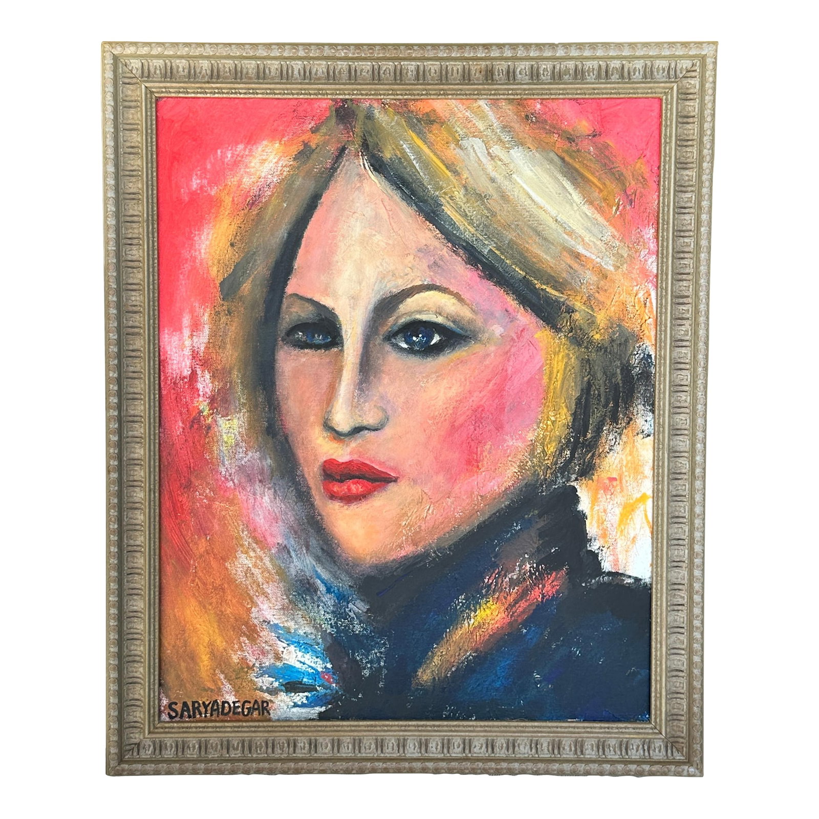 French Portrait Painting of a Woman: This charming vintage French portrait features a woman in bold colors, exuding a timeless elegance. Vibrant colors will add sparkle to many settings. Acquired as part of a collection in Paris, this