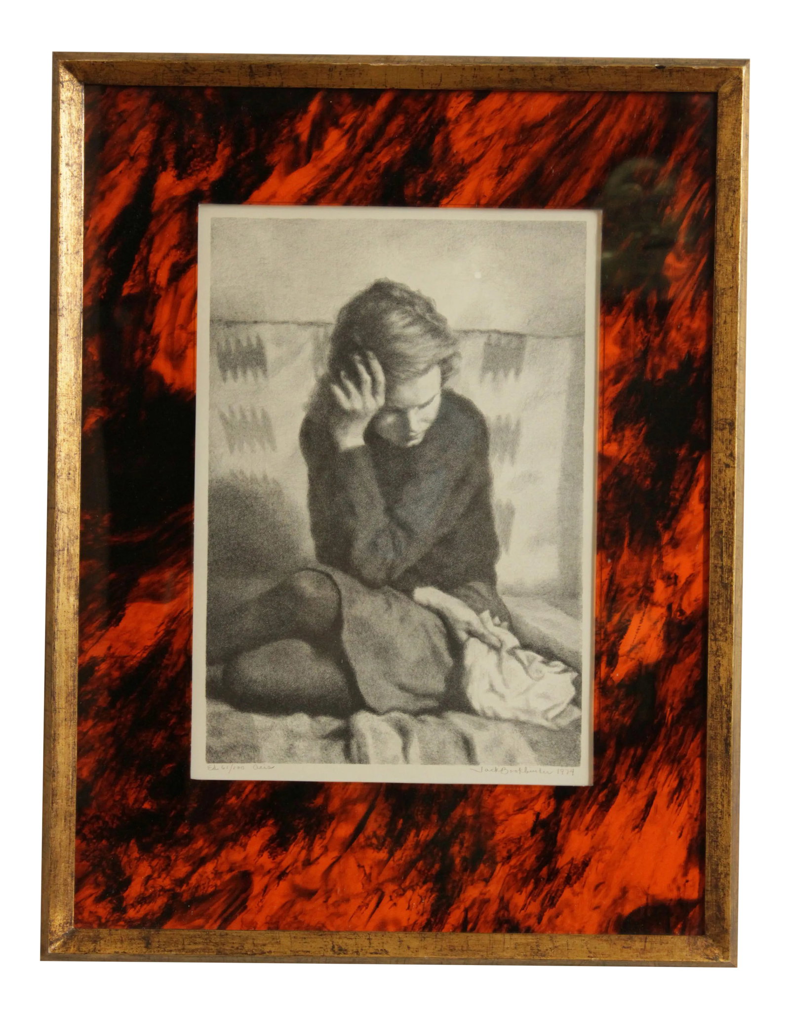 Jack Bookbinder Pencil Signed Lithograph of Seated Girl: High Quality Custom Acrylic Framed Pencil Signed and Numbered Art Print Jack Bookbinder 1974, ED Acia 61/100 Condition: Alterations: Original Condition Unaltered Imperfections: Some Imperfections