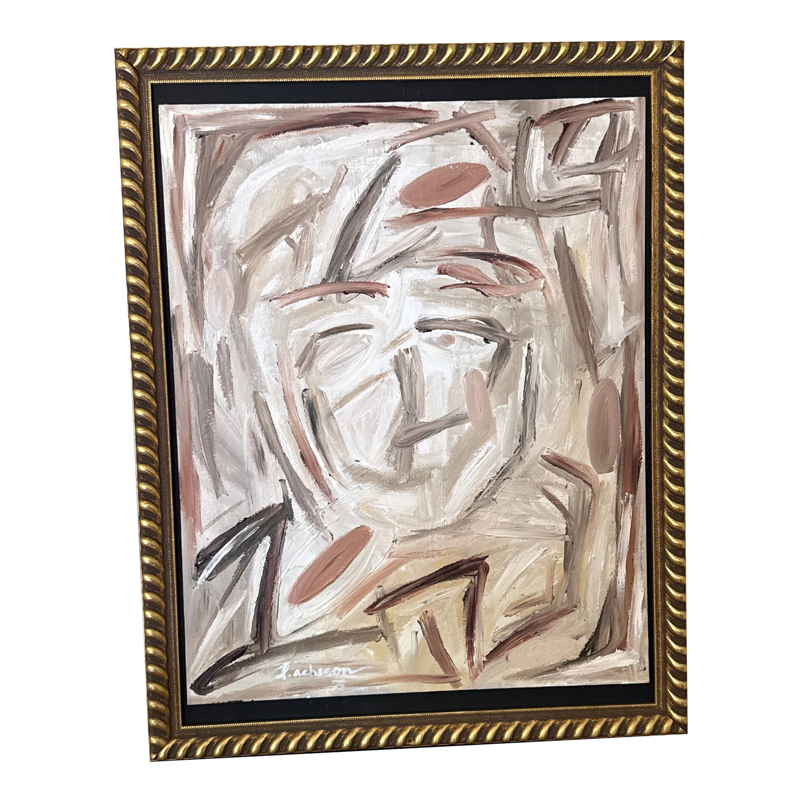 Vintage Abstract Neutral Portrait Painting Signed L. Acheson ~ Framed: beautiful abstract portrait painting, good look and style. The painting is placed inside a gold frame, which adds a touch of elegance to the artwork. gallery ready, professionally framed Condition: