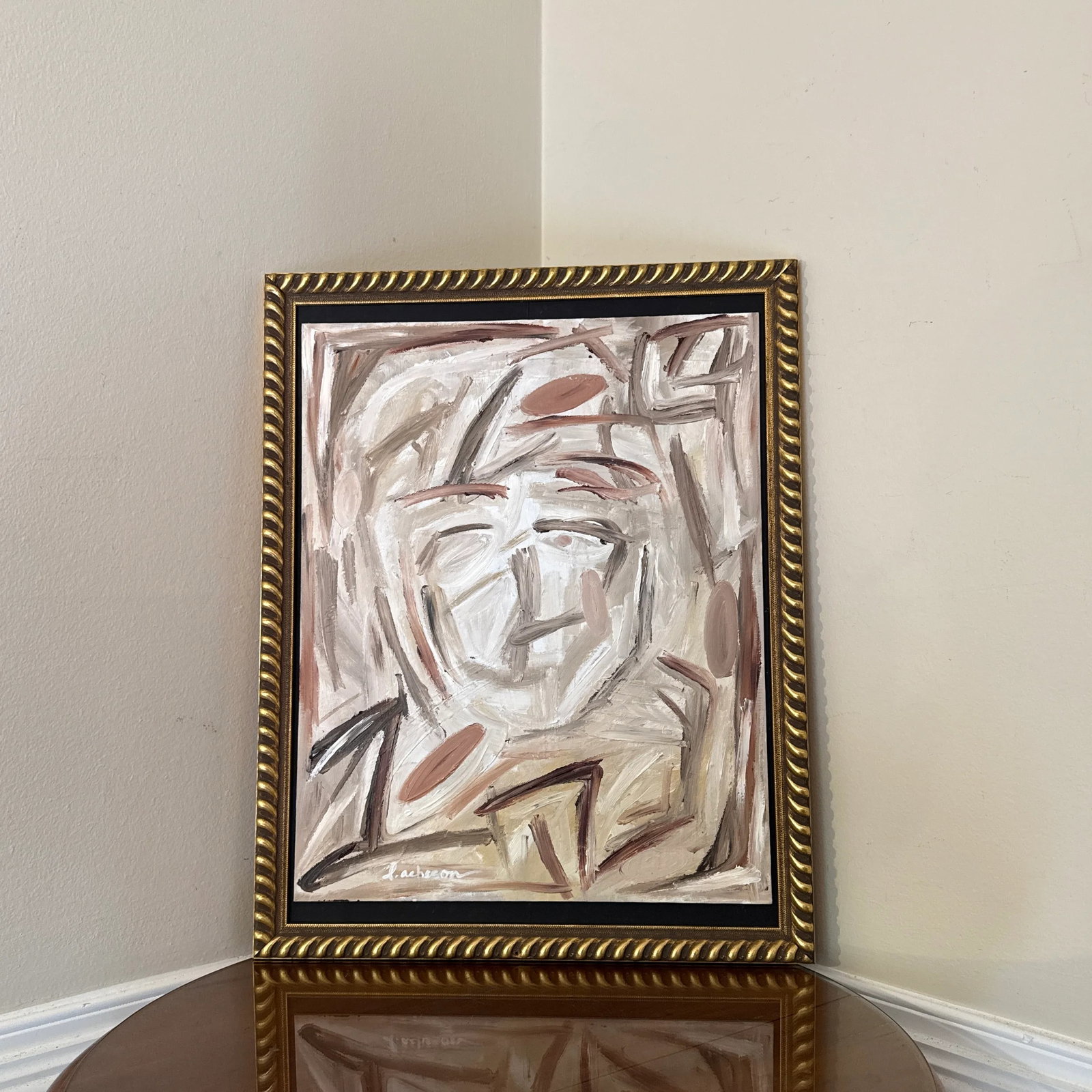 Vintage Abstract Neutral Portrait Painting Signed L. Acheson ~ Framed - 8