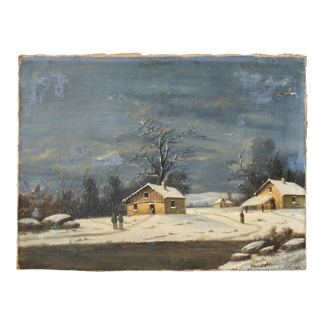Antique French Winter Farm Oil on Canvas: Capture the serene beauty of winter with this antique French rural farm snow scene. This unframed oil on canvas painting features a charming depiction of a snowy countryside. The piece shows some flaw