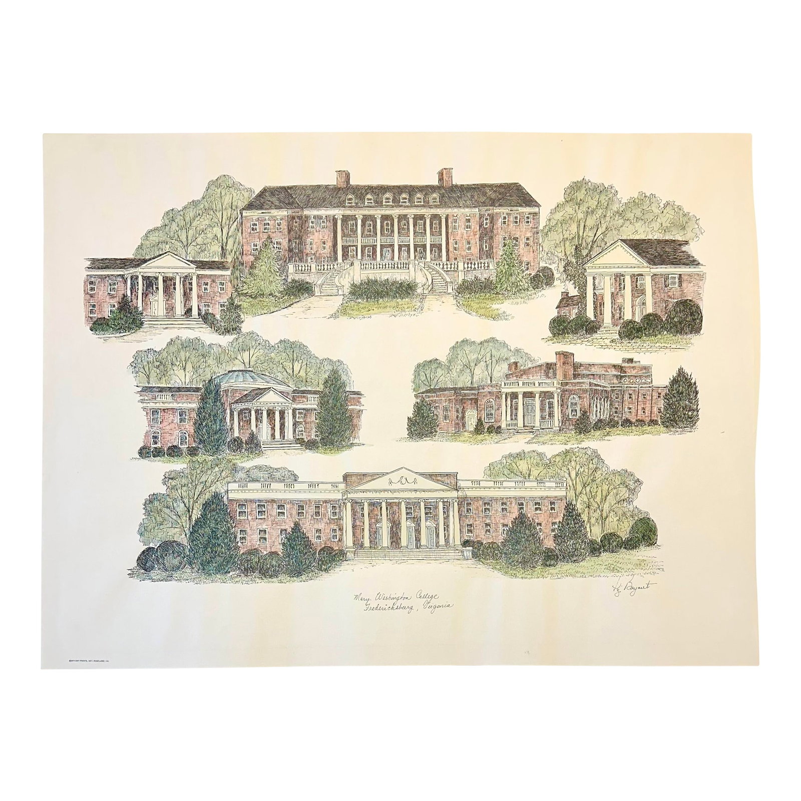 Mary Washington College Print by Liz Bryant: Hand-colored offset lithograph print of Mary Washington by Liz Bryant, 1971. Dimensions: 24" x 18" Mary Washington was founded in 1908 and named for the mother of our country's founding father, built