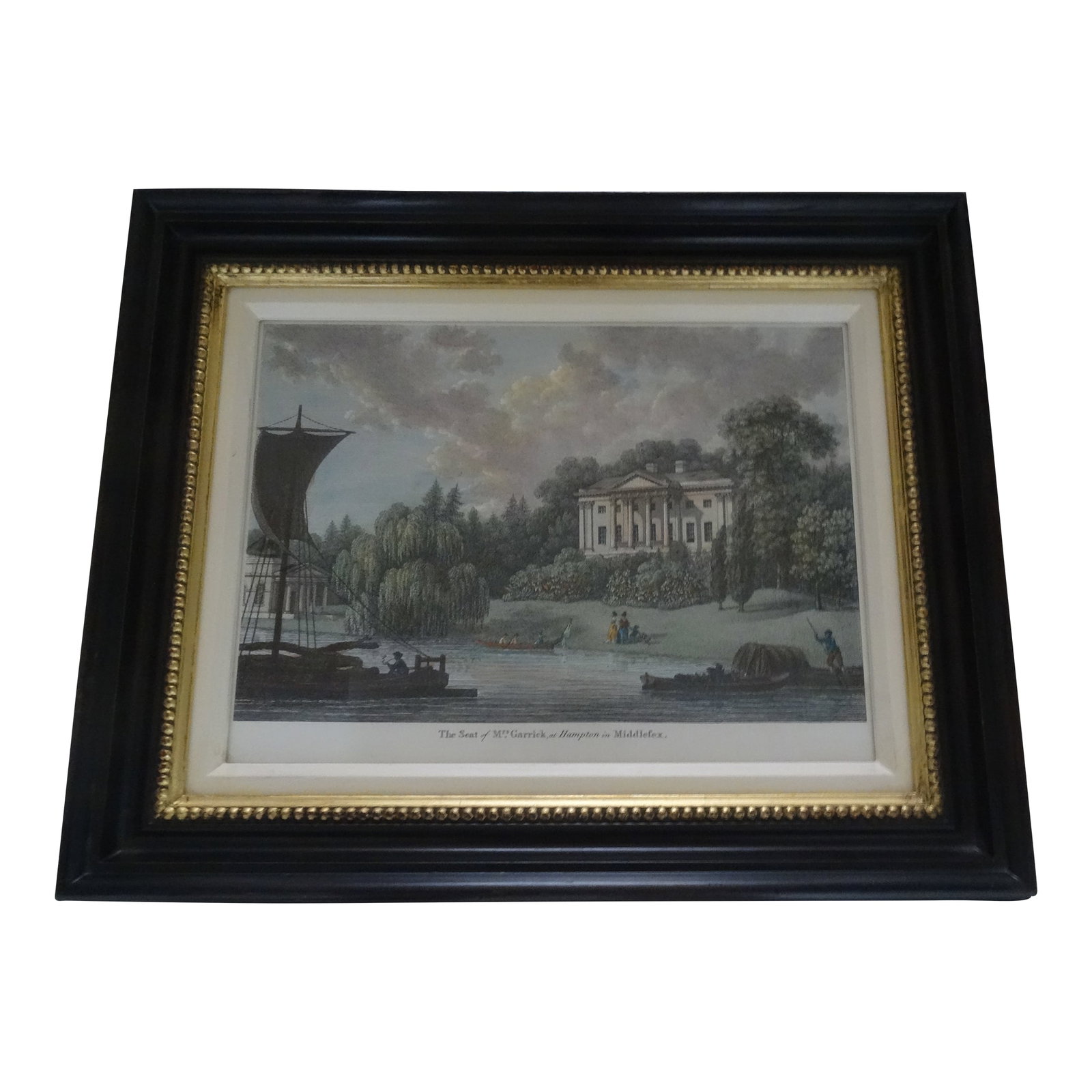 Late 20th Century Vintage Color Lithograph in Custom Frame: Titled "The Seat of Mrs Garhik at Hampton in Middlefex" Purchased in the late 20th century from Beacher Carter Fine Arts for $470 Lithograph size 17" by 13" Condition: Alterations: Original Condition