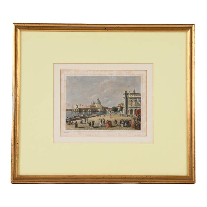 Early 20th Century Antique Framed Hand-Colored Engraving by Lechard s.c.: An Antique Framed Hand-Colored Engraving by Lechard S.C. features detailed line work created by the artist Lechard S.C., depicting a landscape. The engraving is enhanced with delicate hand-coloring, a