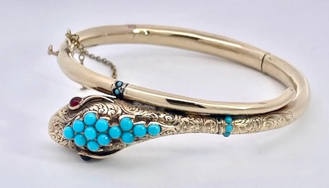 14k Yellow Gold Turquoise Snake Bracelet - 10