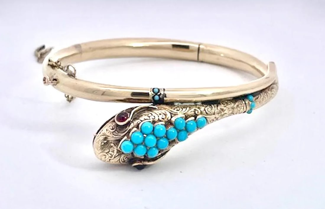 14k Yellow Gold Turquoise Snake Bracelet - 4
