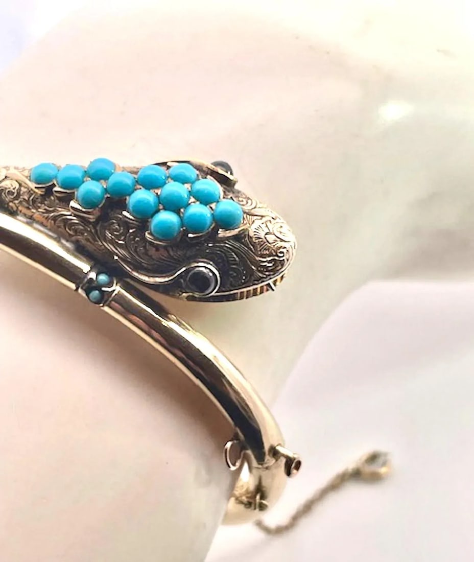14k Yellow Gold Turquoise Snake Bracelet - 6