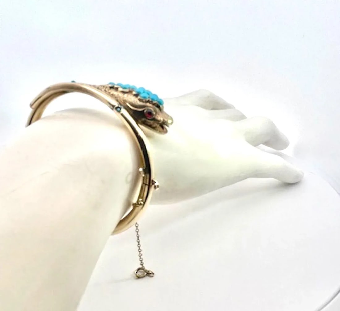 14k Yellow Gold Turquoise Snake Bracelet - 8