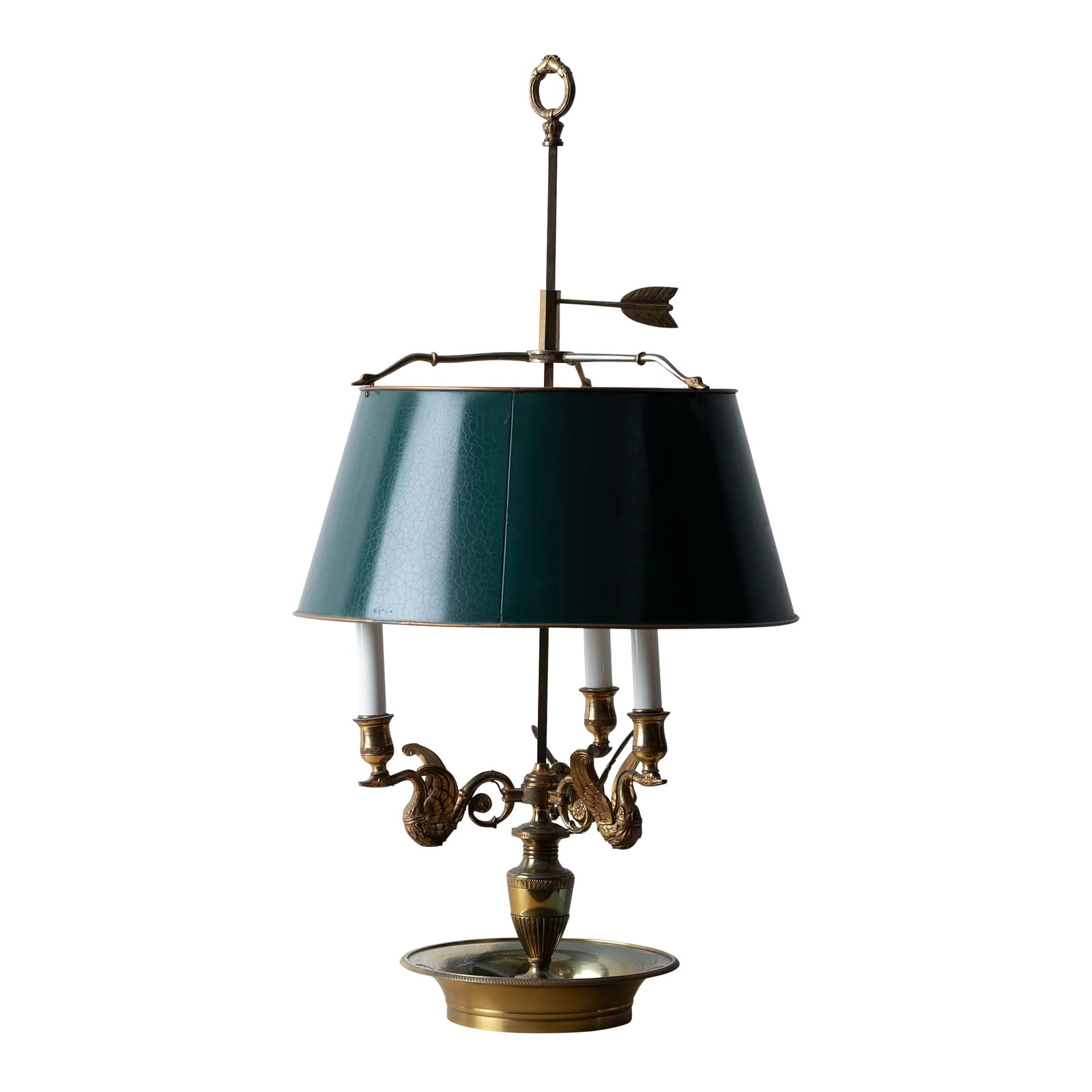 French Brass Bouillotte Lamp: A French brass bouillotte lamp with swans and tole shade, 20th century. 16 1/2 inches wide by 31 inches tall Condition: Alterations: Original Condition Unaltered Imperfections: Some Imperfections