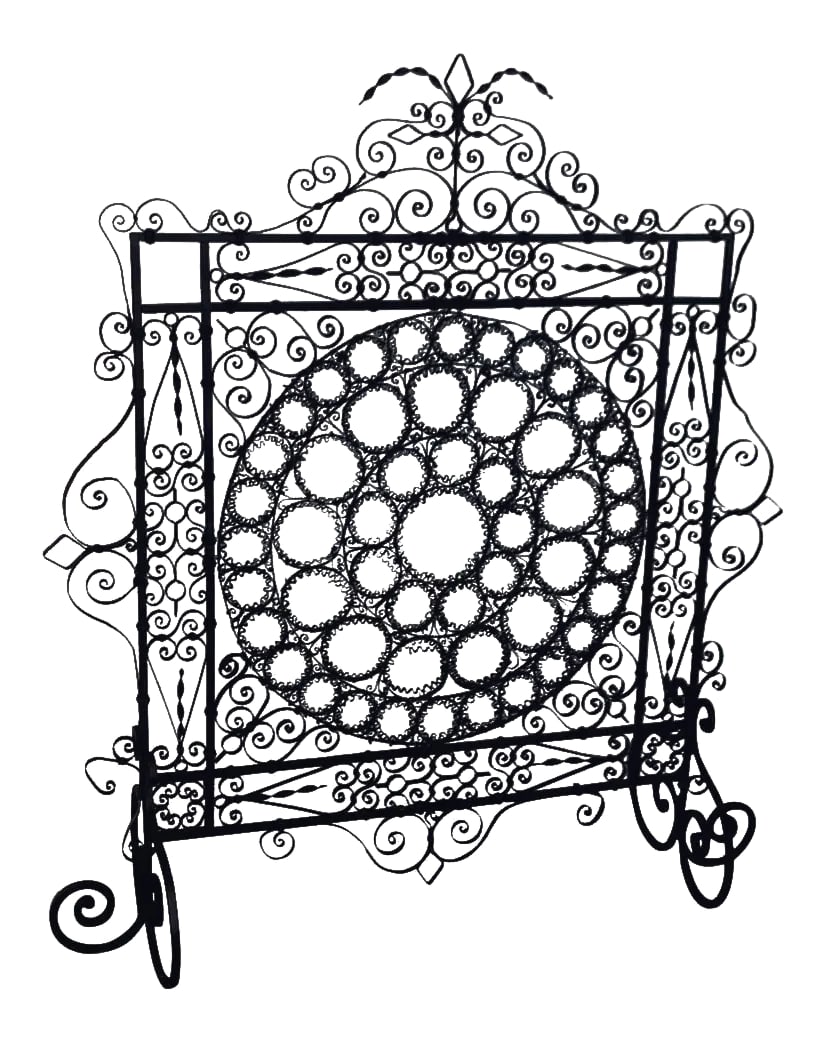 19th Century High Victorian Wrought Iron Wire Work Medallion Fires Screen: High Victorian wrought iron wire work medallion fires screen, a substantial screen with intricate wrought iron wire work, with a 26-inch diameter medallion. Condition: Alterations: Unknown
