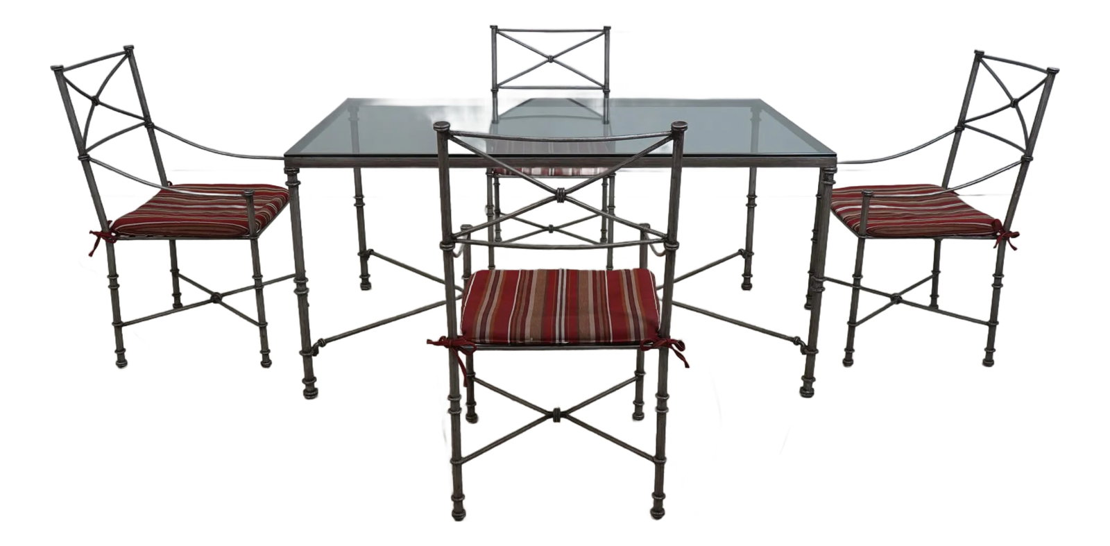 Regency Iron 5 Piece Table & Chair Outdoor Dining Room Set: Age: Approx: 20 Years Old Details: High Quality Construction Silver Painted 'Pewter' Finish Glass Top Condition: Excellent Original Finish & Condition Size: Chairs - 20w x 20d x 37.5h Arm height: 23 S