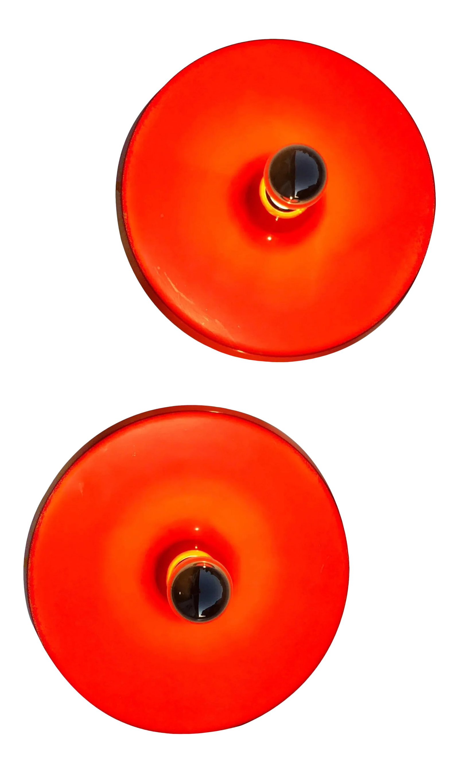 German Fire Red Disk Flush Mount Lights - a Pair: Pair of fire red disk flush mount lights. Anodized Condition: Alterations: Unknown Imperfections: Some Imperfections Condition Notes: Excellent Wear consistent with age and use. Origin: Germany