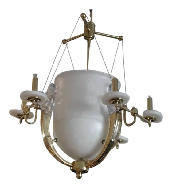 Alabaster and Brass Art Deco Style Chandelier: Alabaster and brass Art Deco style chandelier Condition: Alterations: Original Condition Unaltered Imperfections: Some Imperfections Condition Notes: Excellent Wear consistent with age and use. small 