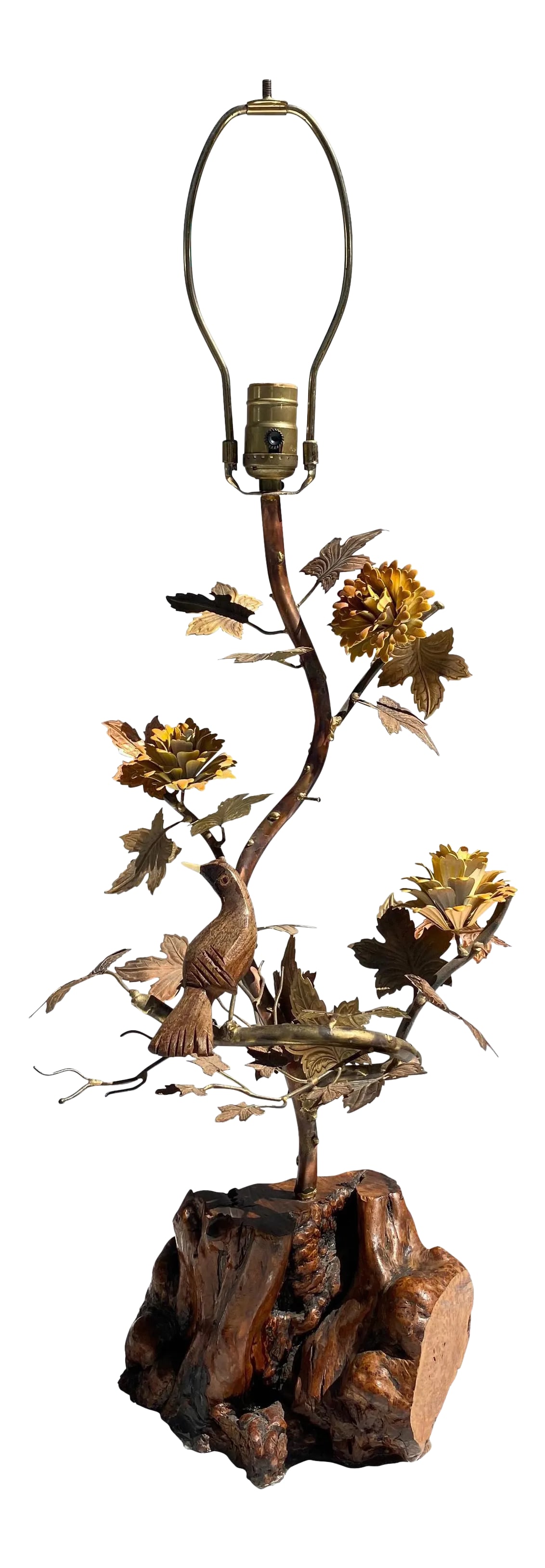 "Enchanting Forest" Brass and Burl Wood Lamp: "Enchanting Forest" brass and burl wood lamp with bird of paradise and flower details. 24" high without harp. Condition: Alterations: Unknown Imperfections: Some Imperfections Condition Notes: Good