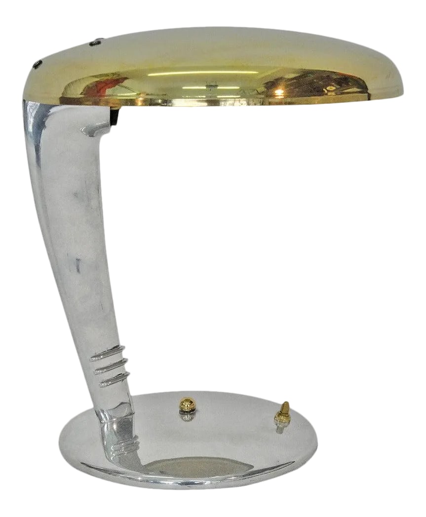 Cobra Art Deco Desk Lamp: Gorgeous Streamline art deco cobra lamp by Faries. In original condition with brass lampshade and polished nickel base. Condition: Alterations: Original Condition Unaltered Imperfections: Some