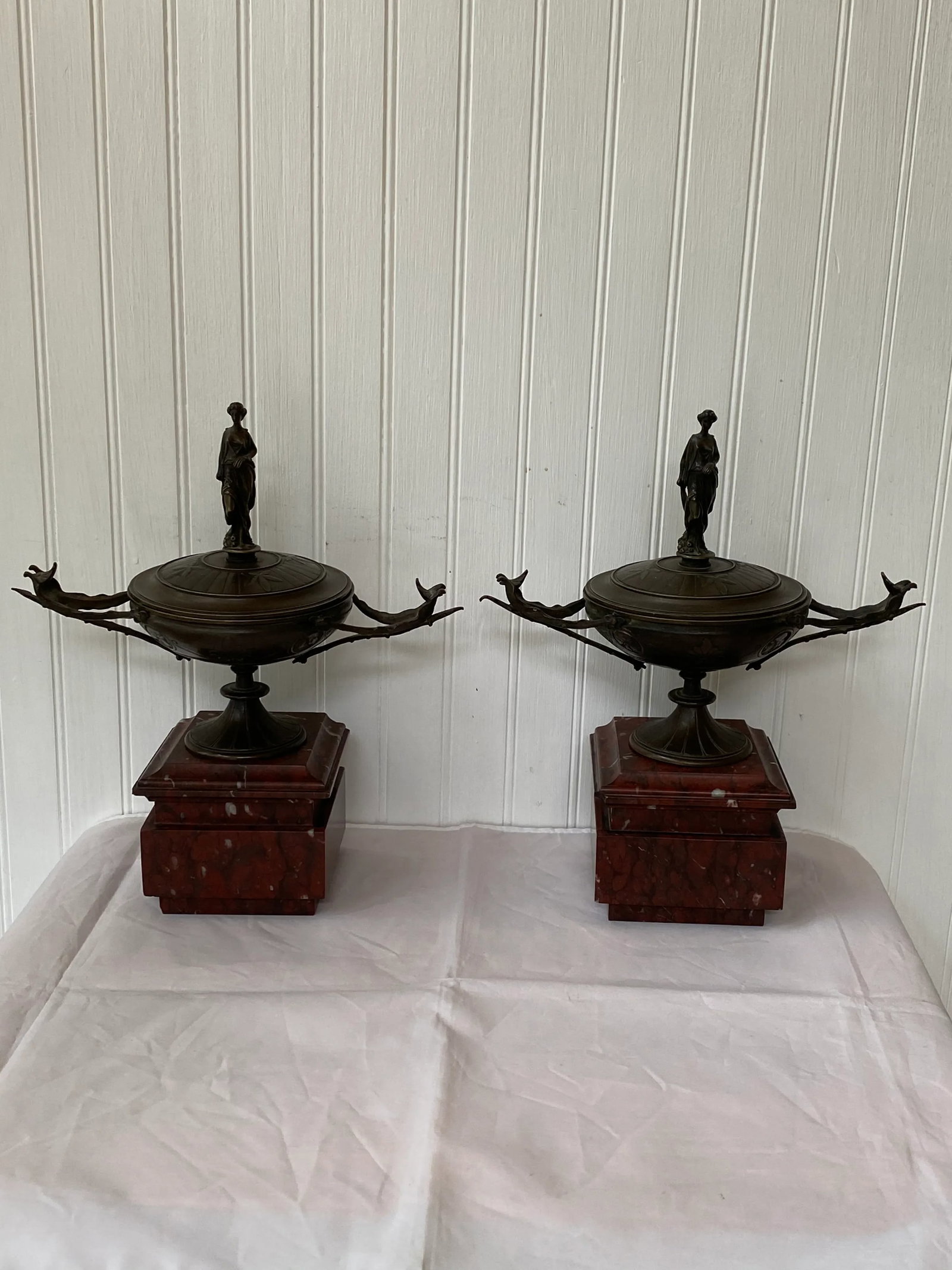 19th Century French Napoleon III Period Bronze Lidded Urns on Marble Bases - a Pair - 12