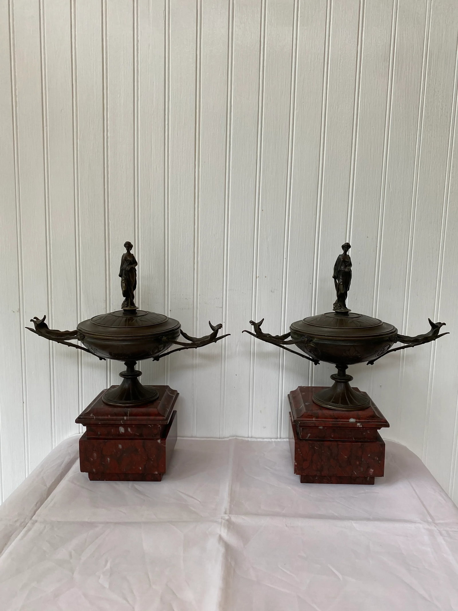 19th Century French Napoleon III Period Bronze Lidded Urns on Marble Bases - a Pair - 13