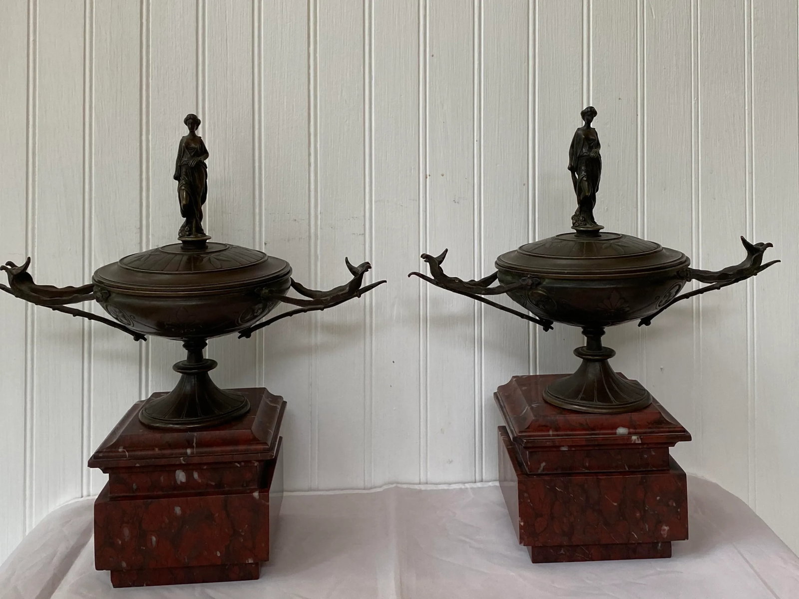 19th Century French Napoleon III Period Bronze Lidded Urns on Marble Bases - a Pair - 2
