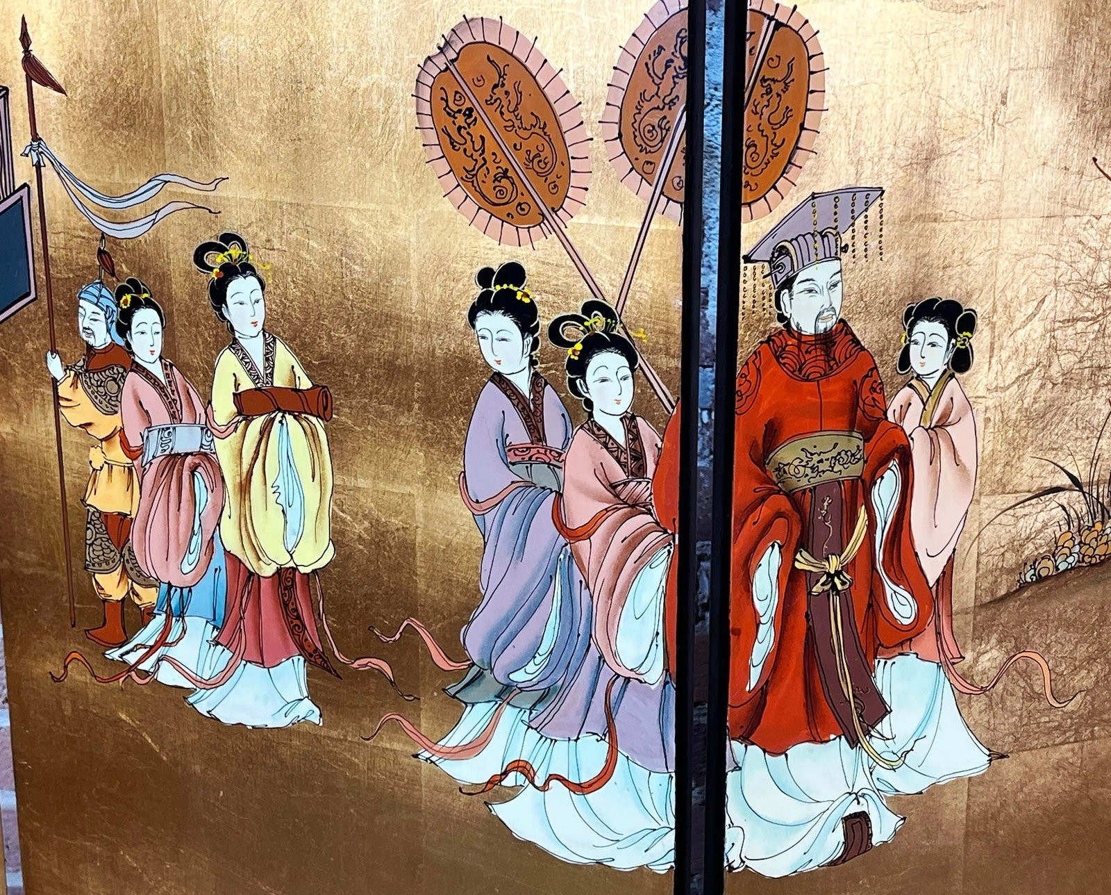Vintage Hand-Painted 4 Panel Chinese Folding Screen / Room Divider With Gold Gilded Panels - 5