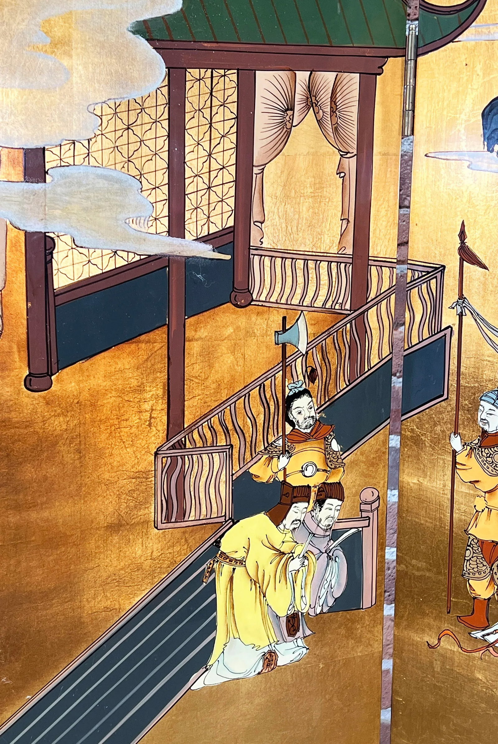 Vintage Hand-Painted 4 Panel Chinese Folding Screen / Room Divider With Gold Gilded Panels - 6