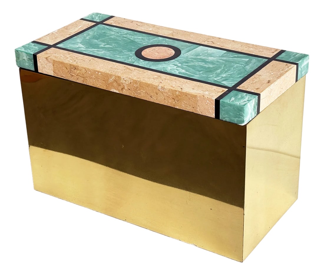 Vintage 1980's Tessellated Stone & Brass Tabletop Storage Box by Chapman: Beautiful vintage c.1985 postmodern storage box by Chapman. This decorative box features a polished brass body topped with a beautifully inlaid lid made of with colorful tessellated marble and stone