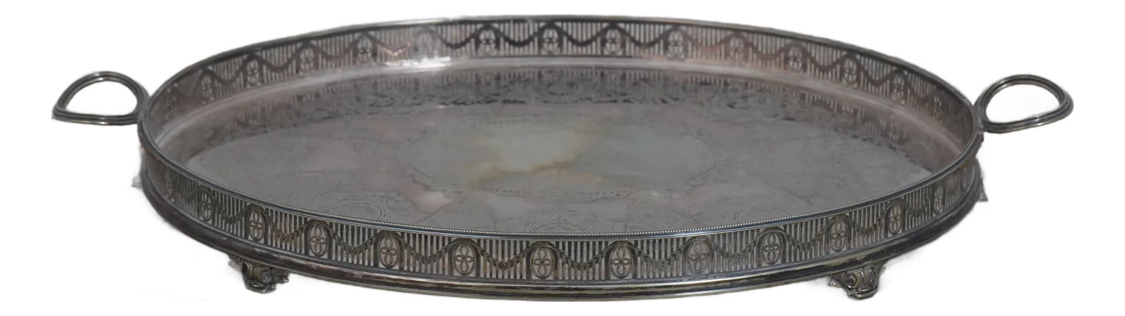 Vintage English Etched Silver Plate Serving Tray: Age: Approx: 100 Years Old Details: High Quality Construction Nice Etched Details Silver Plate Tray Condition: Excellent Condition - Minor Signs Of Light Household Use-Age Some Tarnishing From Age