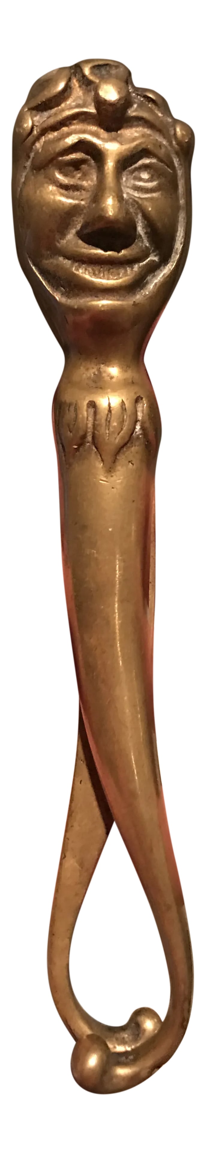 Vintage 1940s Brass Court Jester Nutcracker: A terrific Vintage French brass nutcracker with a court jester on either side. Crack one your almonds in grand scale! You'll want to keep this piece out to show it off. Condition: Alterations: