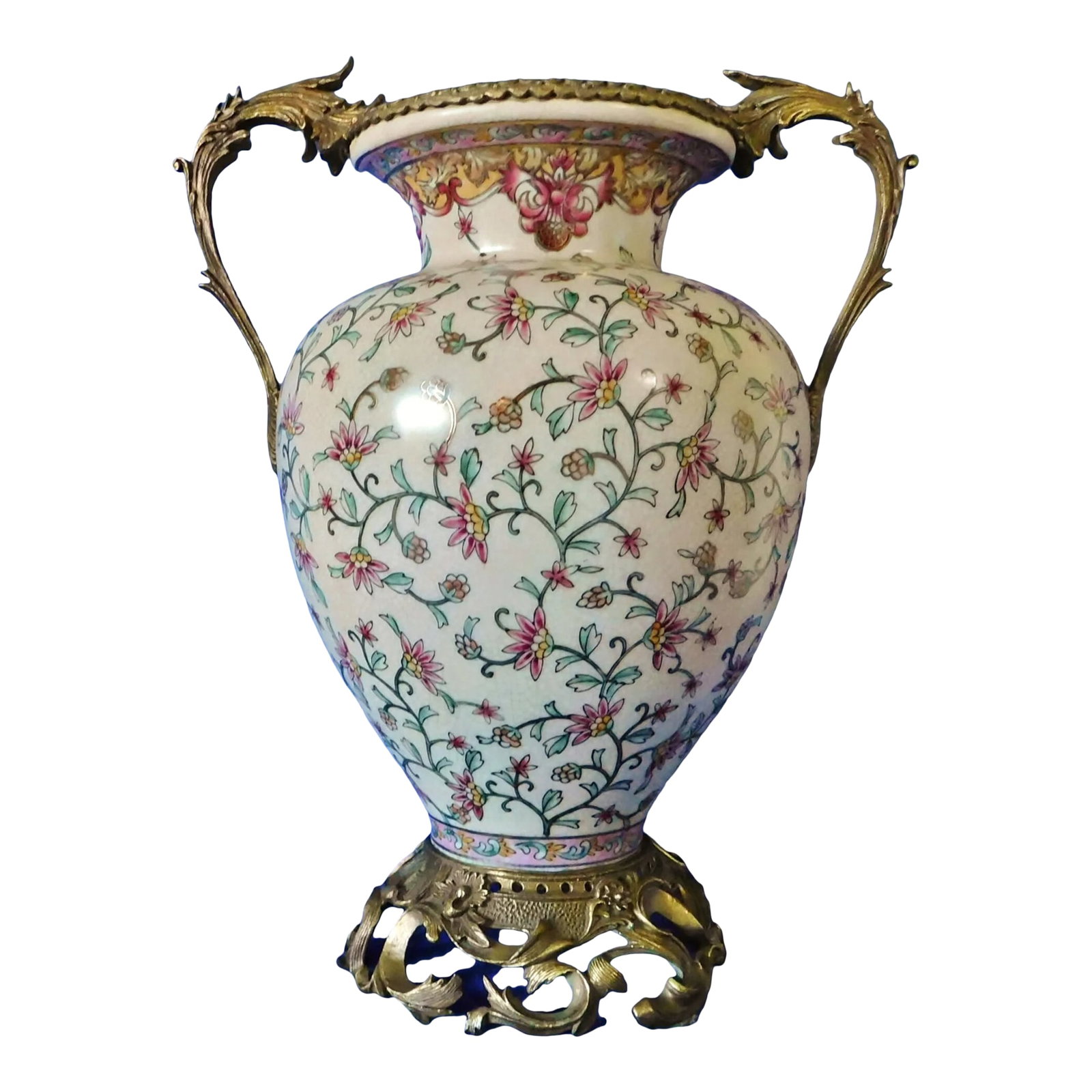 Vintage French Sevres Style Porcelain Urn Vase With Foliate Bronze Handles & Base (1 of 8)