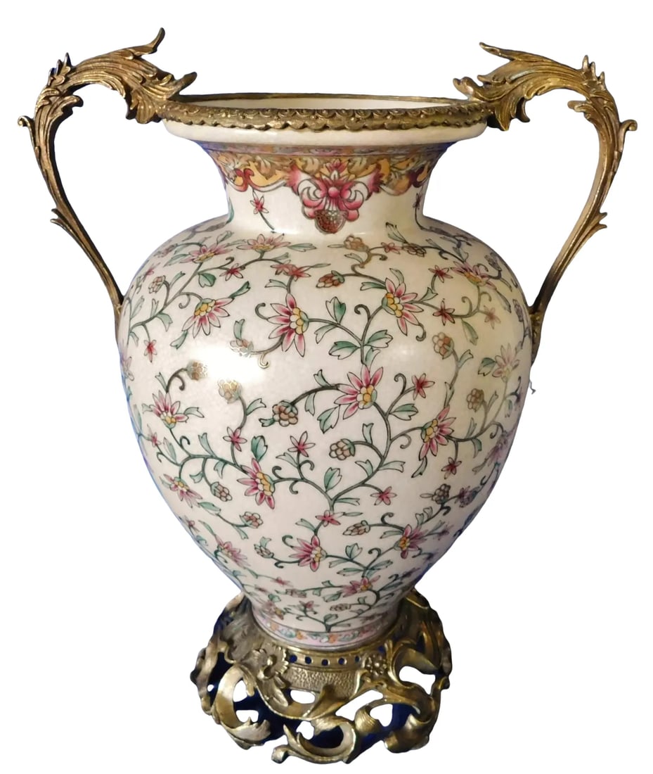 Vintage French Sevres Style Porcelain Urn Vase With Foliate Bronze Handles & Base - 2