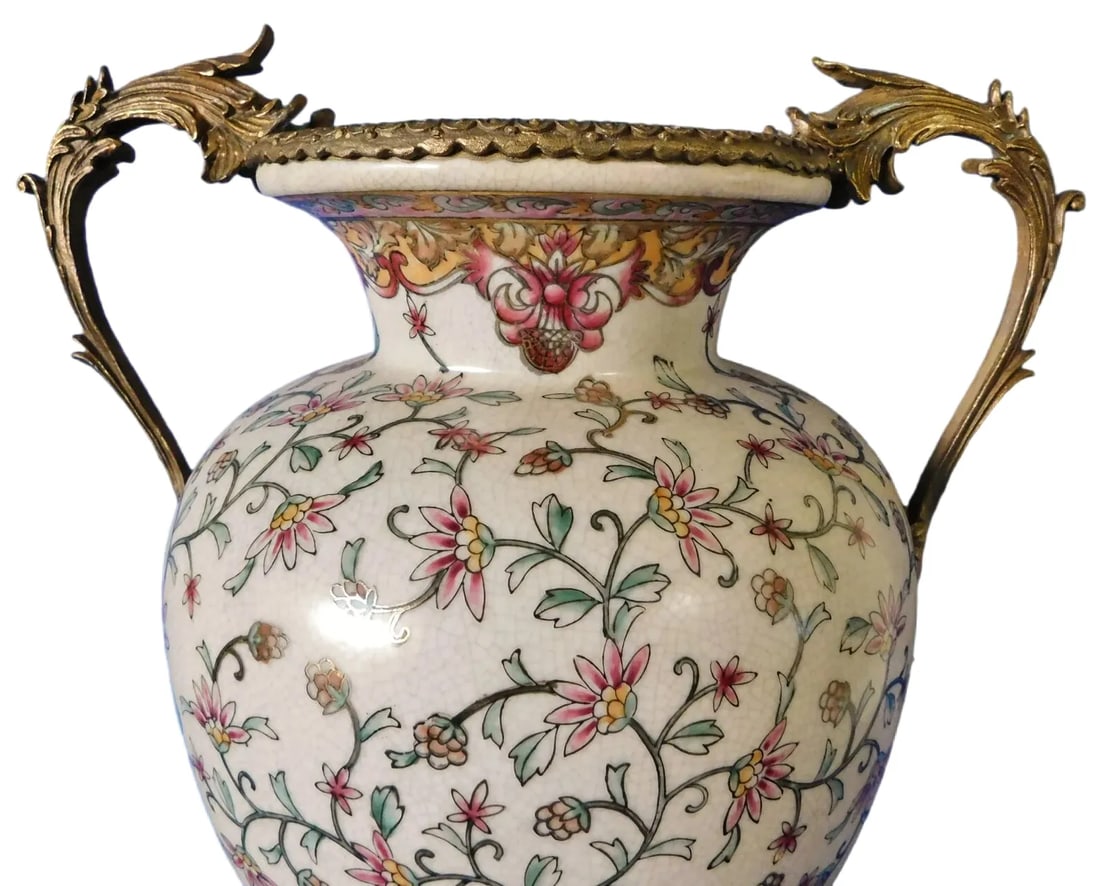 Vintage French Sevres Style Porcelain Urn Vase With Foliate Bronze Handles & Base - 3